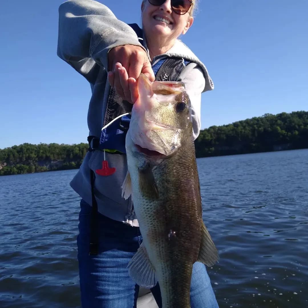 An angler in a jacket holding out a largemouth bass on a cold, bright day