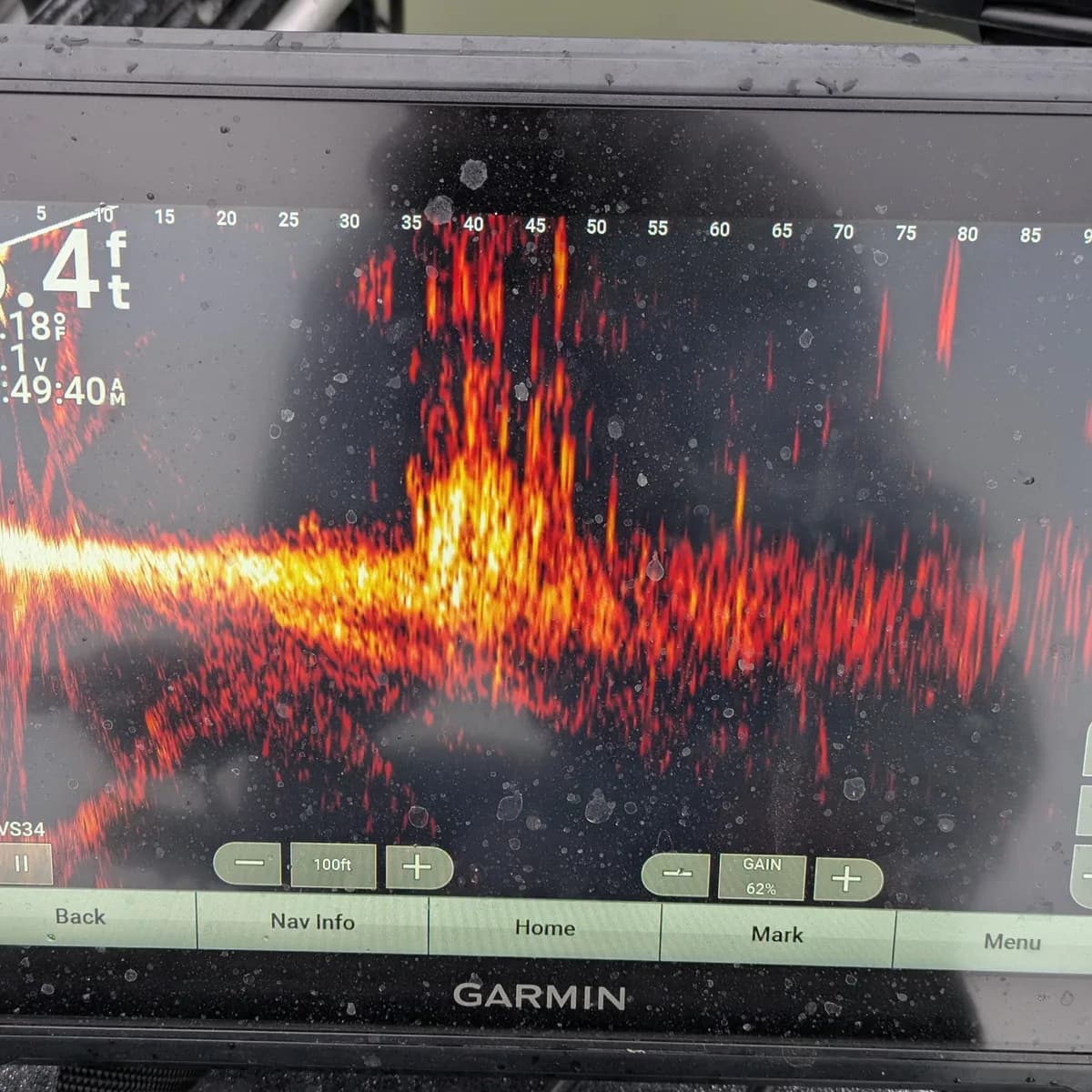 A Garmin LiveScope screen showing bait and fish marked under the boat