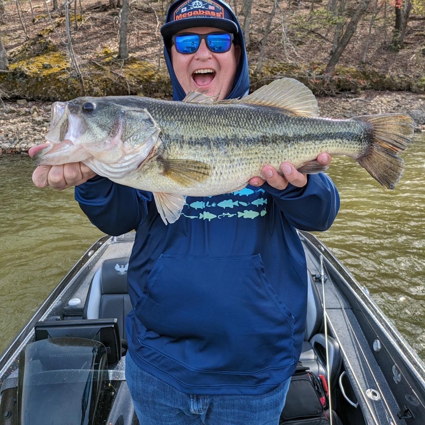 An angler holding up a heavy largemouth bass on Lake of the Ozarks