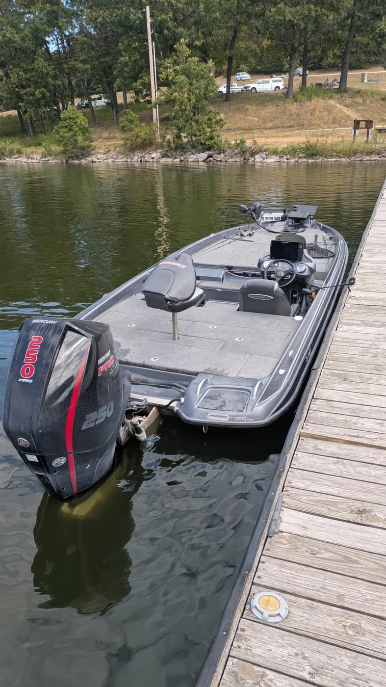 The casting deck and 250HP Mercury Pro XS outboard on Mike's Phoenix bass boat